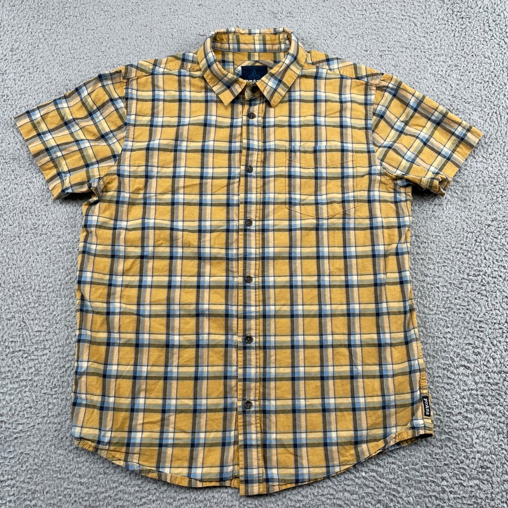 prAna Button Up Shirt Mens Medium Yellow Plaid Short Sleeve Outdoor Casual